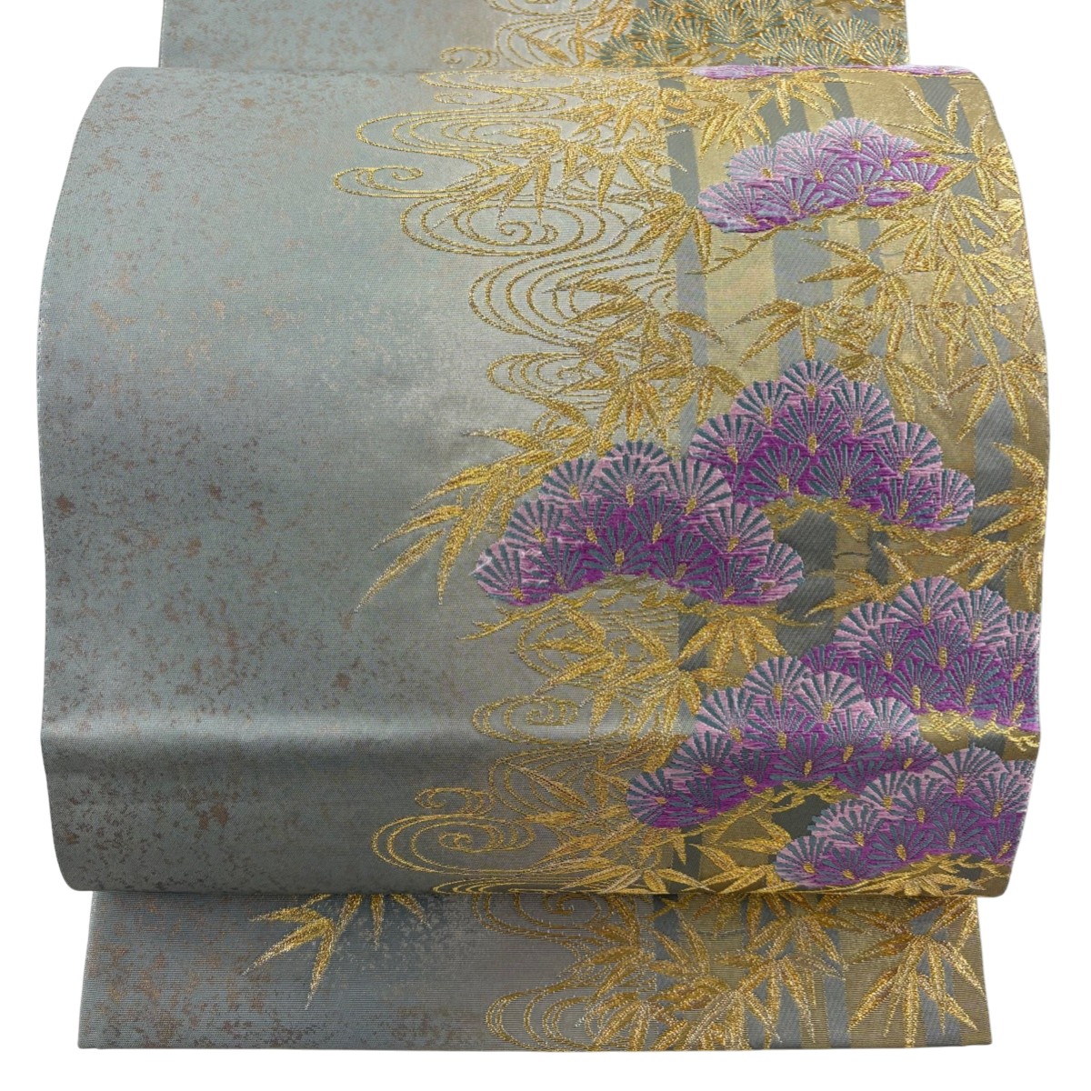 袋帯 名品 じゅらく 落款あり 松 笹 金糸 箔 灰色 お太鼓柄 正絹 【中古】 9,936円