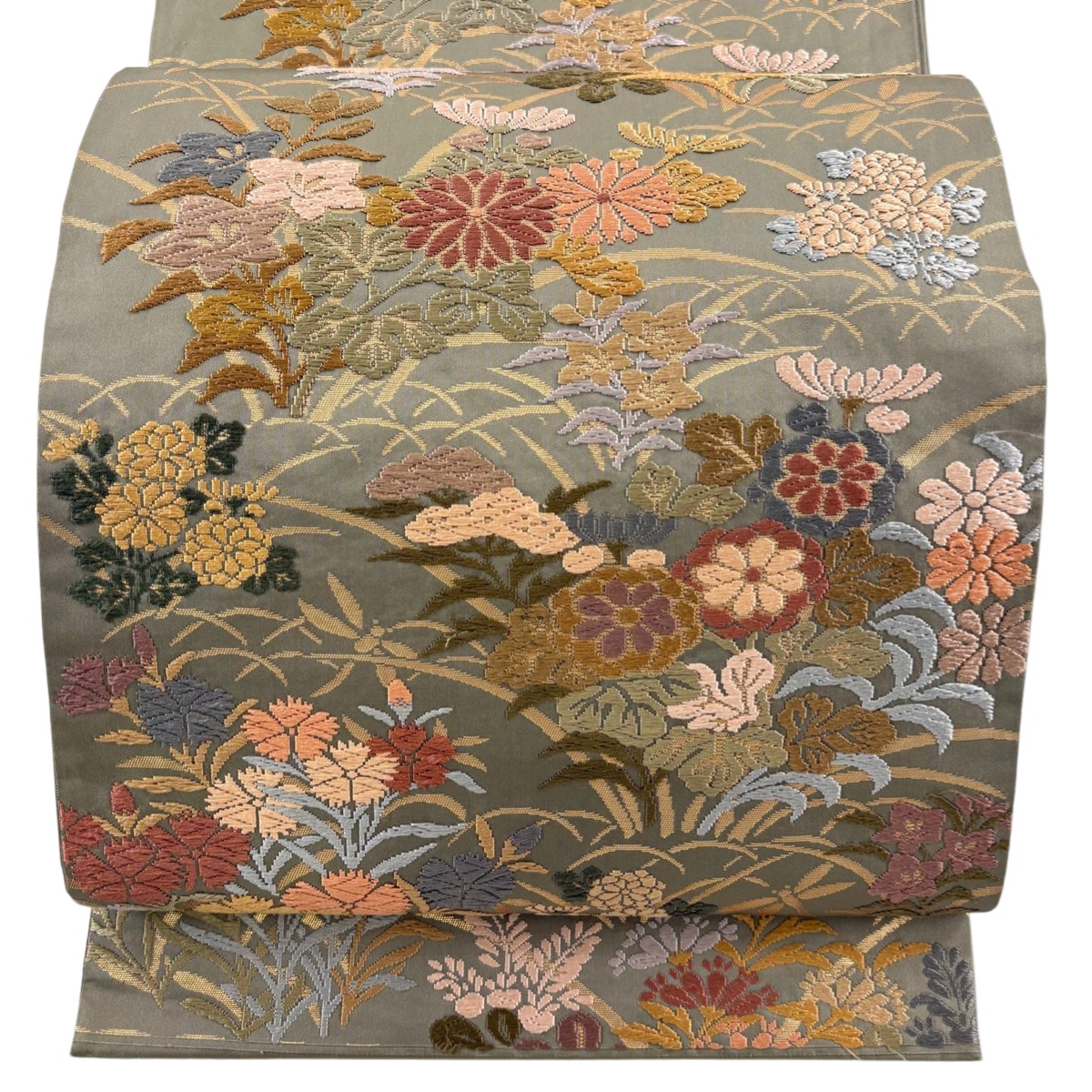 袋帯 名品 草花 芝 箔 灰茶 六通 正絹 【中古】