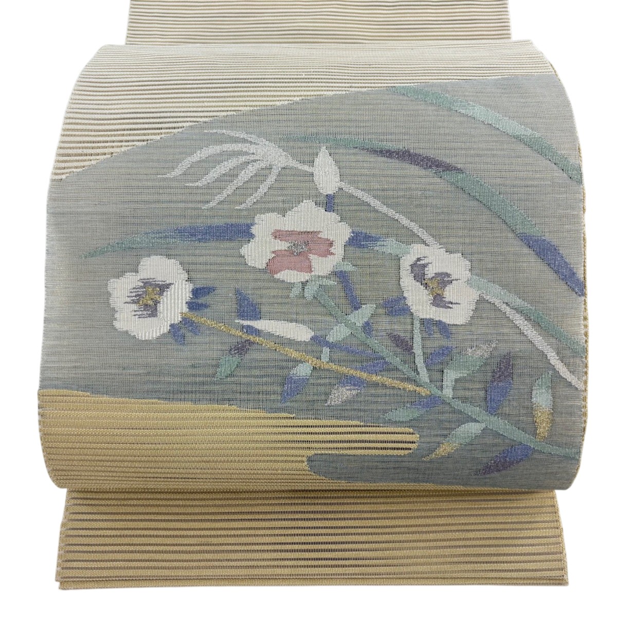 【美品】 名古屋帯 秀品 夏帯 絽 八寸名古屋帯 トンネル仕立て 草花 すすき 金銀糸 青灰色 正絹 【中古】 msp50