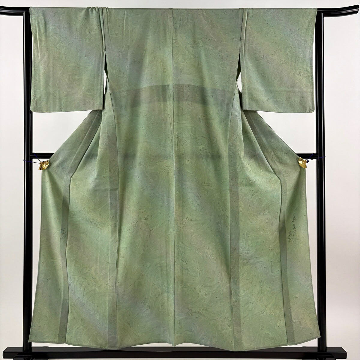 小紋 身丈155.5cm 裄丈64.5cm M 単衣 落款あり 墨流し柄 ぼかし 薄緑 正絹 名品 【中古】