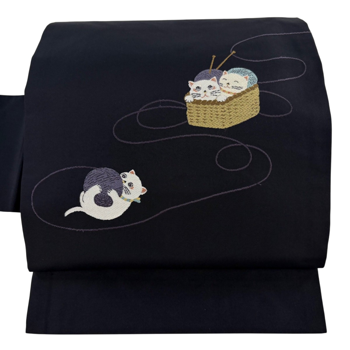 【美品】 名古屋帯 逸品 仔猫の毛糸遊び 黒 正絹 【中古】