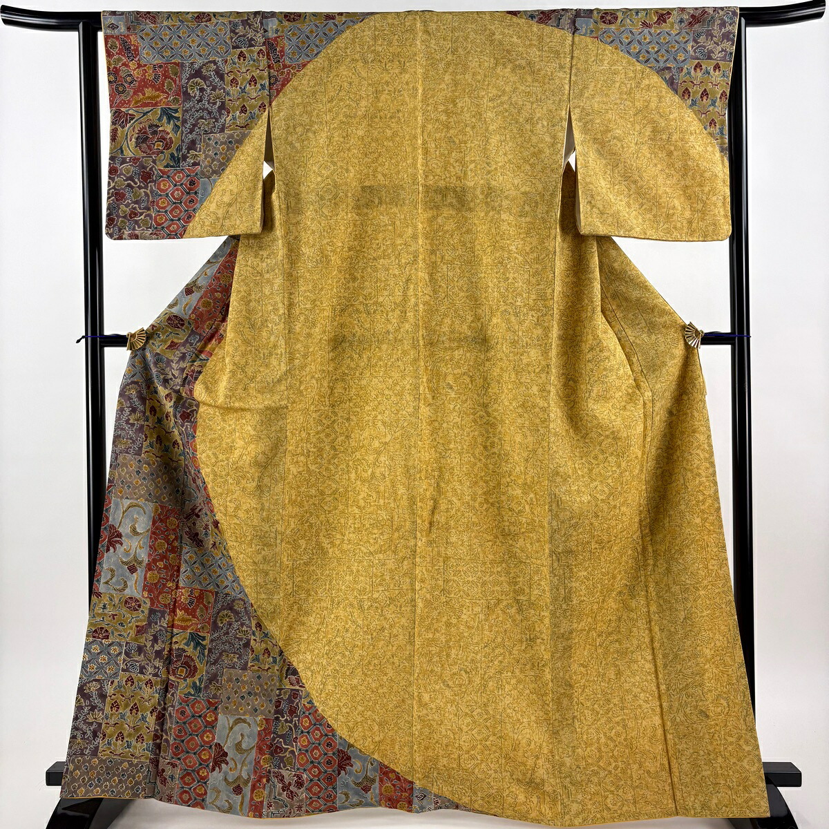 訪問着 身丈166cm 裄丈64.5cm M 袷 草花 鳥 染め分け 黄土色 正絹 秀品 【中古】