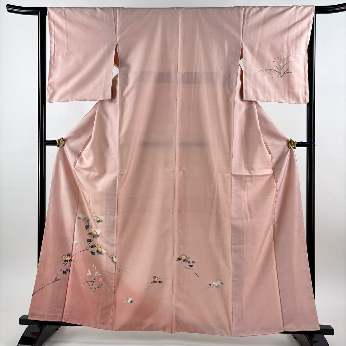 付下げ 身丈162.5cm 裄丈65cm M 袷 紬地 枝花 草花 ぼかし ピンク 正絹 秀品 【中古】