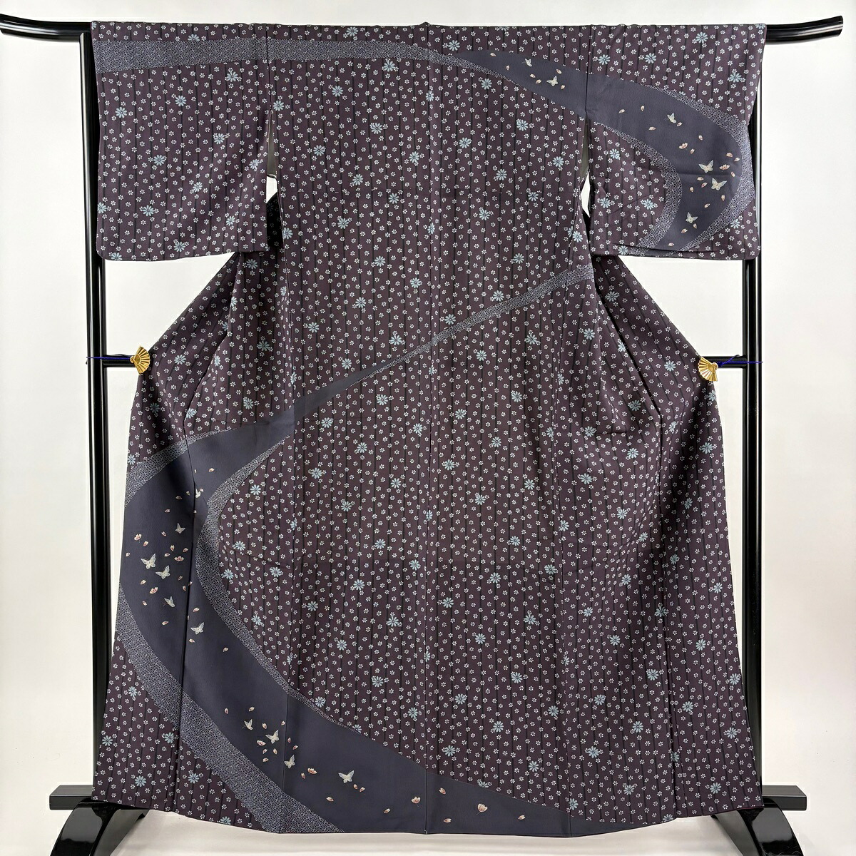 訪問着 身丈164cm 裄丈66cm M 袷 蝶 小花 紫 化繊 秀品 【中古】