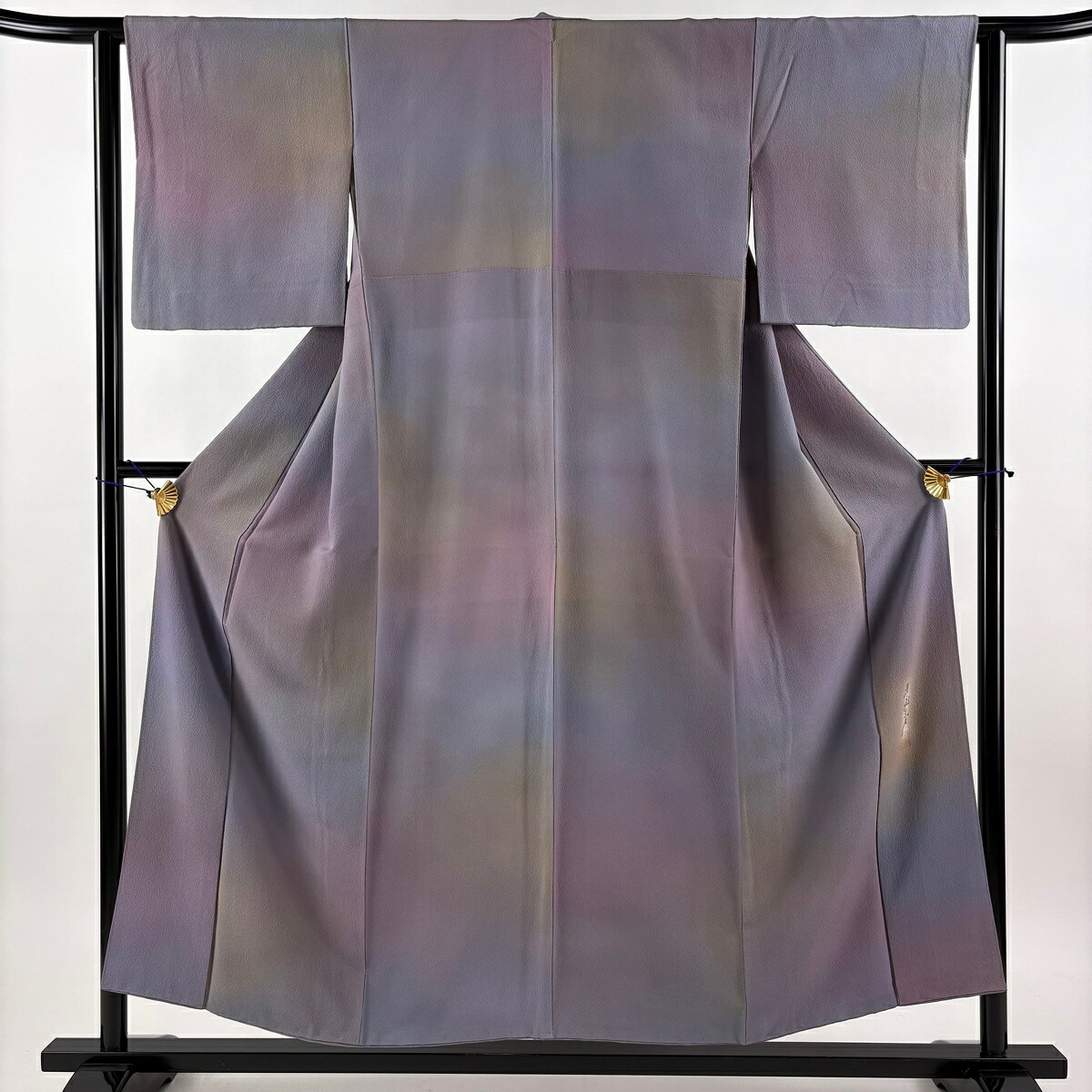 【美品】 小紋 身丈154cm 裄丈62.5cm S 袷 斉藤三才 落款あり ぼかし柄 灰緑 正絹 名品 【中古】