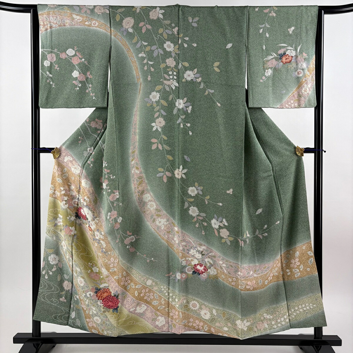 訪問着 身丈154cm 裄丈64cm M 袷 草花 流水 金彩 ぼかし 灰緑 正絹 名品 【中古】