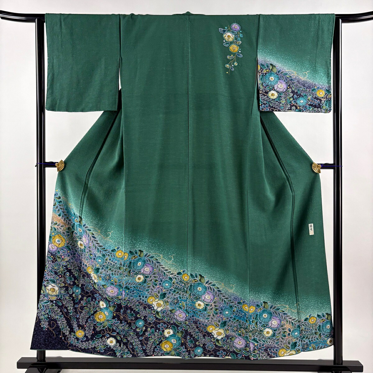 訪問着 身丈152.5cm 裄丈64.5cm M 袷 辻が花柄 金彩 ぼかし 緑 正絹 名品 【中古】