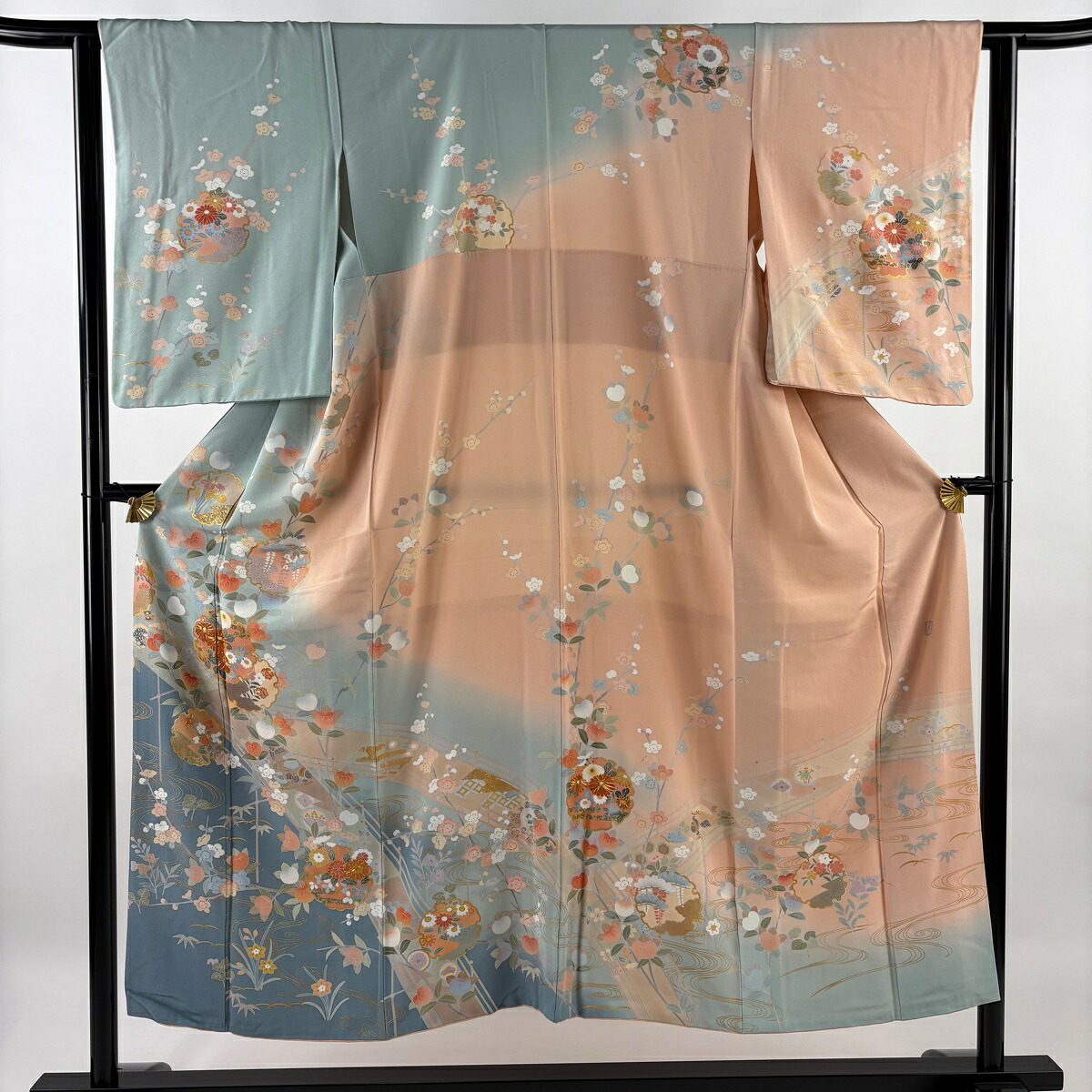【美品】 訪問着 身丈150cm 裄丈62.5cm S 袷 雪輪 草花 金糸 金彩 薄緑 正絹 名品 【中古】