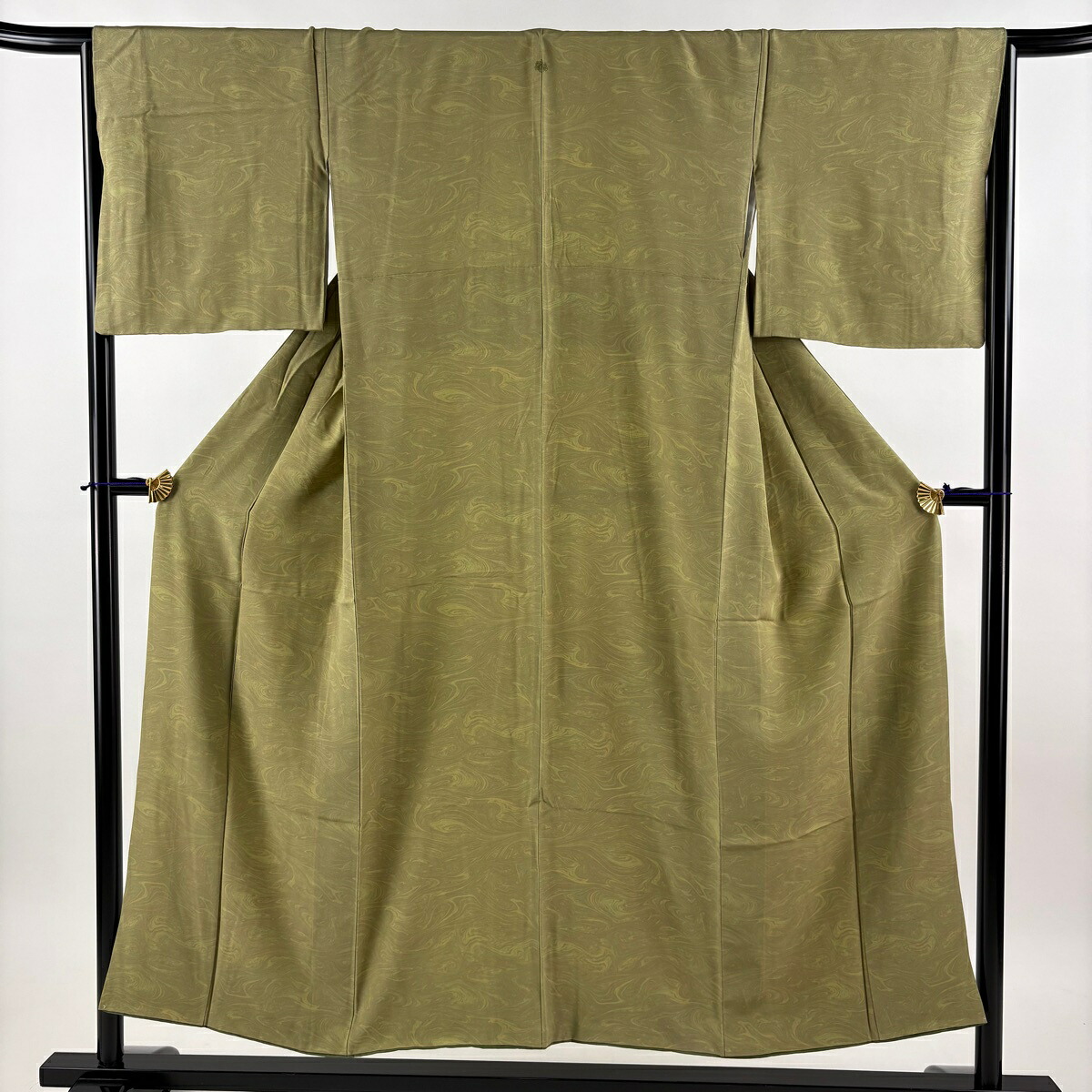 小紋 身丈151.5cm 裄丈66cm M 袷 墨流し 茶緑色 正絹 名品 一つ紋 【中古】 12,324円