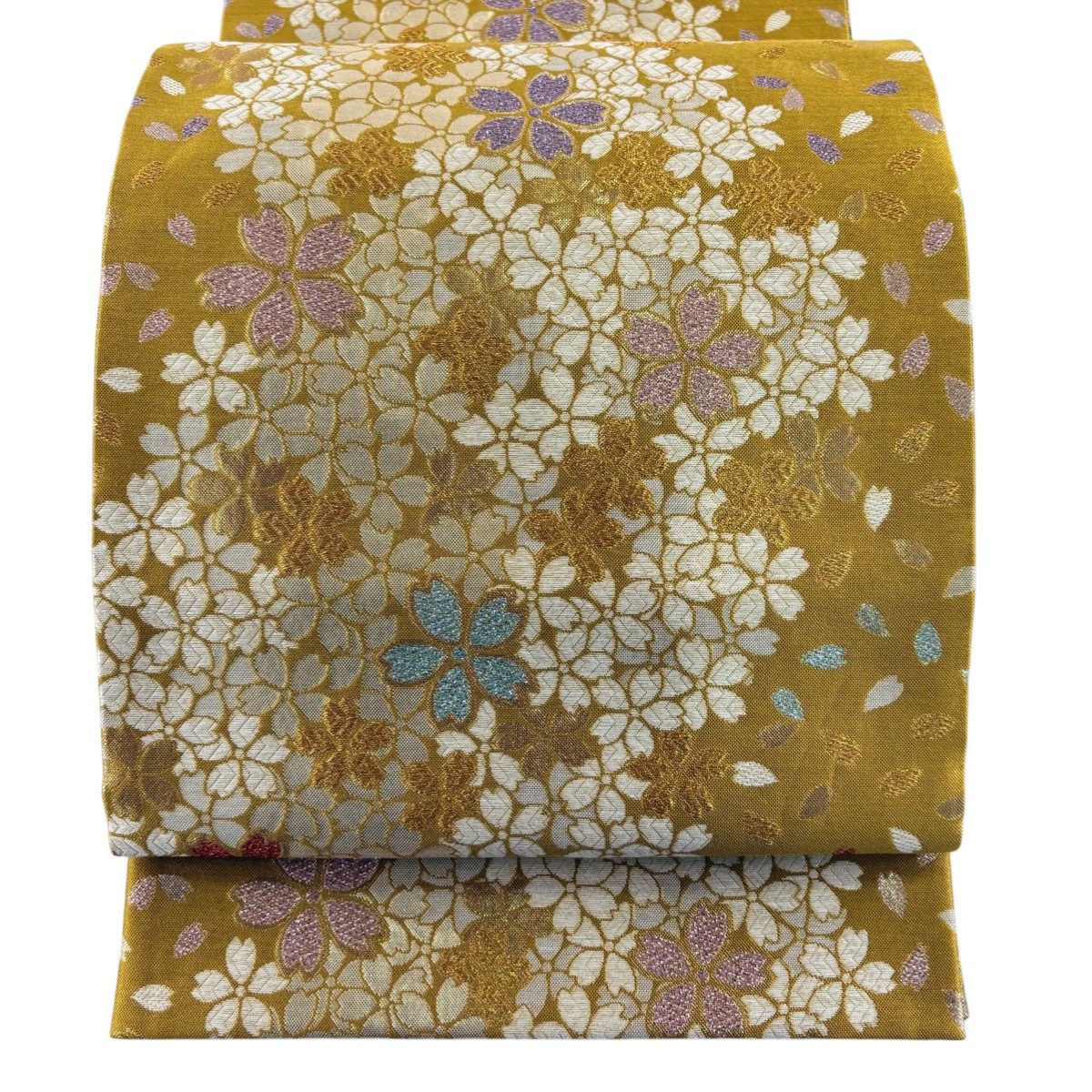 【美品】 袋帯 秀品 振袖向き 桜 桜の花びら 金糸 箔 黄土色 六通 正絹 【中古】