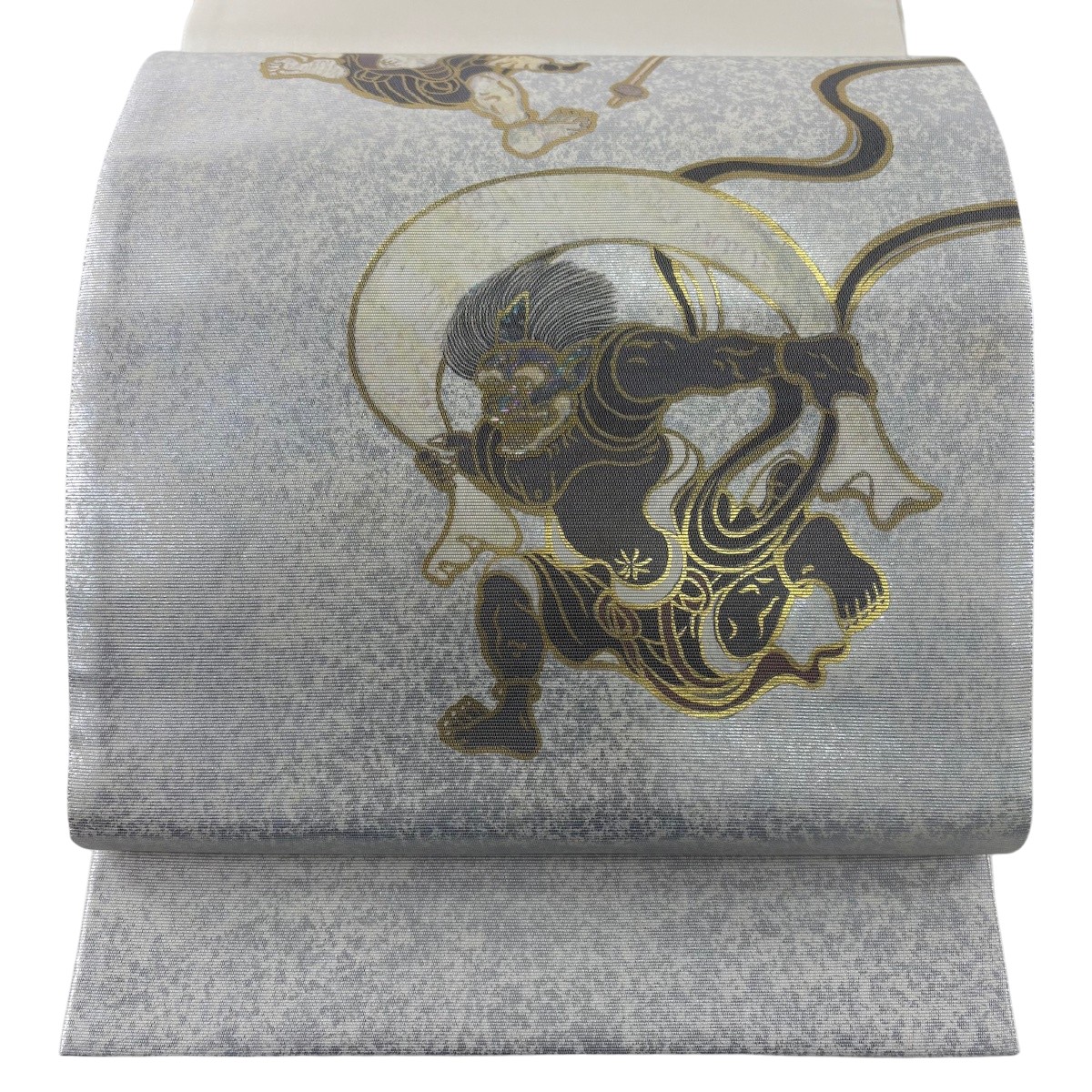 【美品】 袋帯 逸品 落款あり 白井功 風神 雷神 箔 金銀彩 銀色 お太鼓柄 正絹 【中古】 msp30