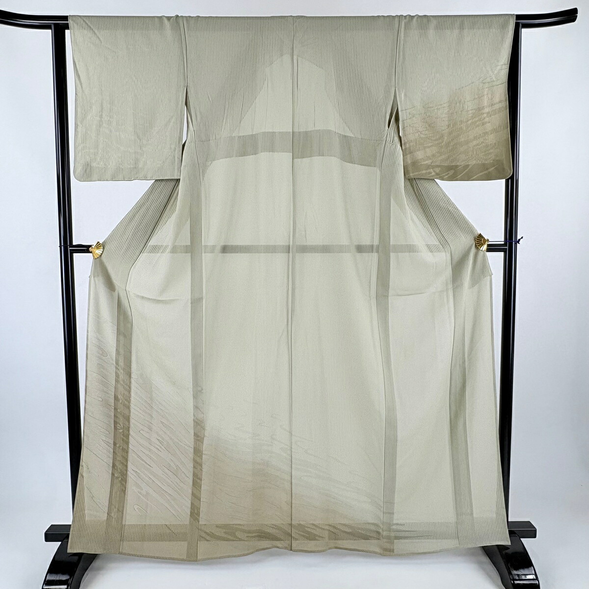 【美品】 付下げ 身丈162cm 裄丈64cm M 薄物 縦絽 流水 ぼかし 灰緑 正絹 秀品 【中古】 msp50