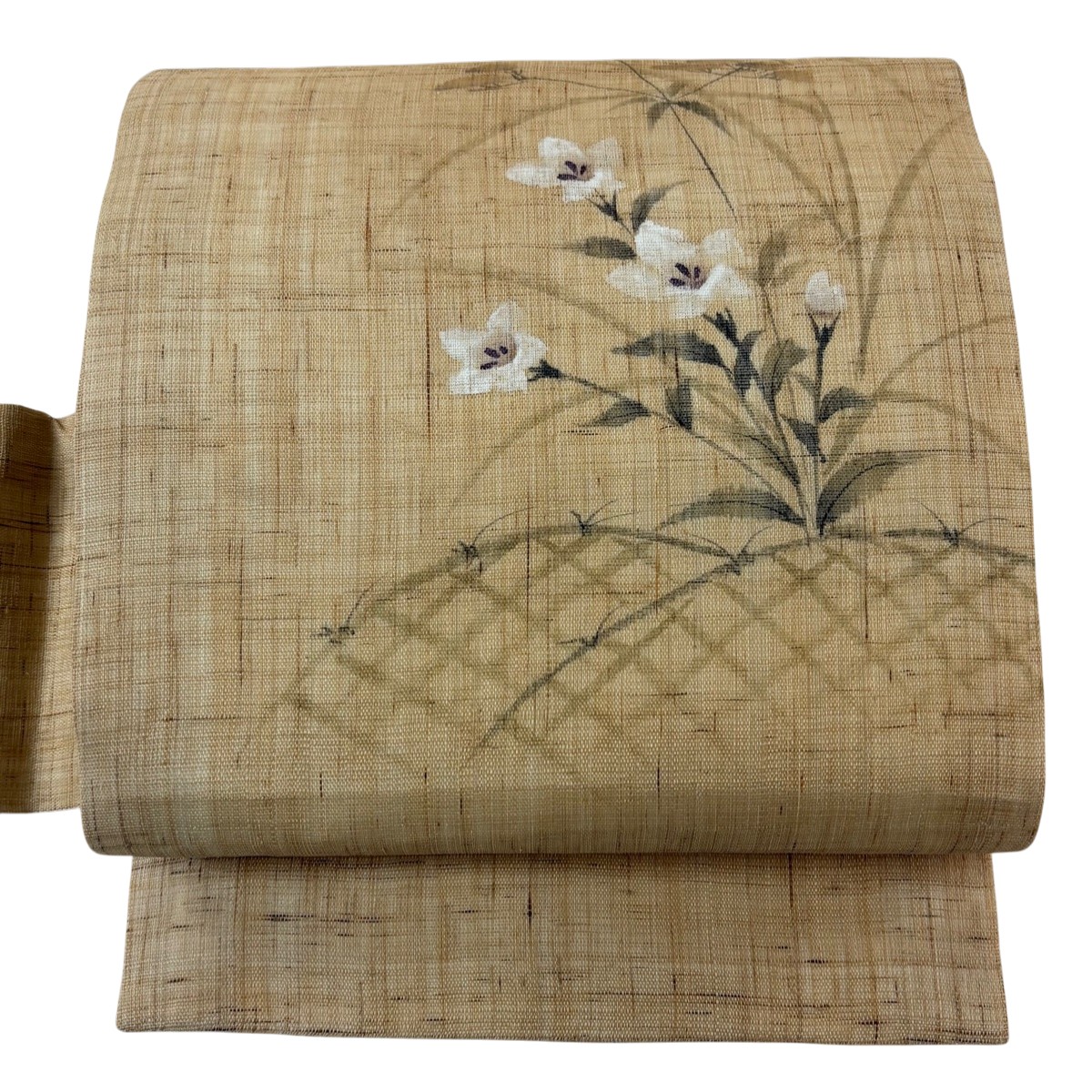 【美品】 名古屋帯 名品 夏帯 桔梗 女郎花 ベージュ 正絹 【中古】