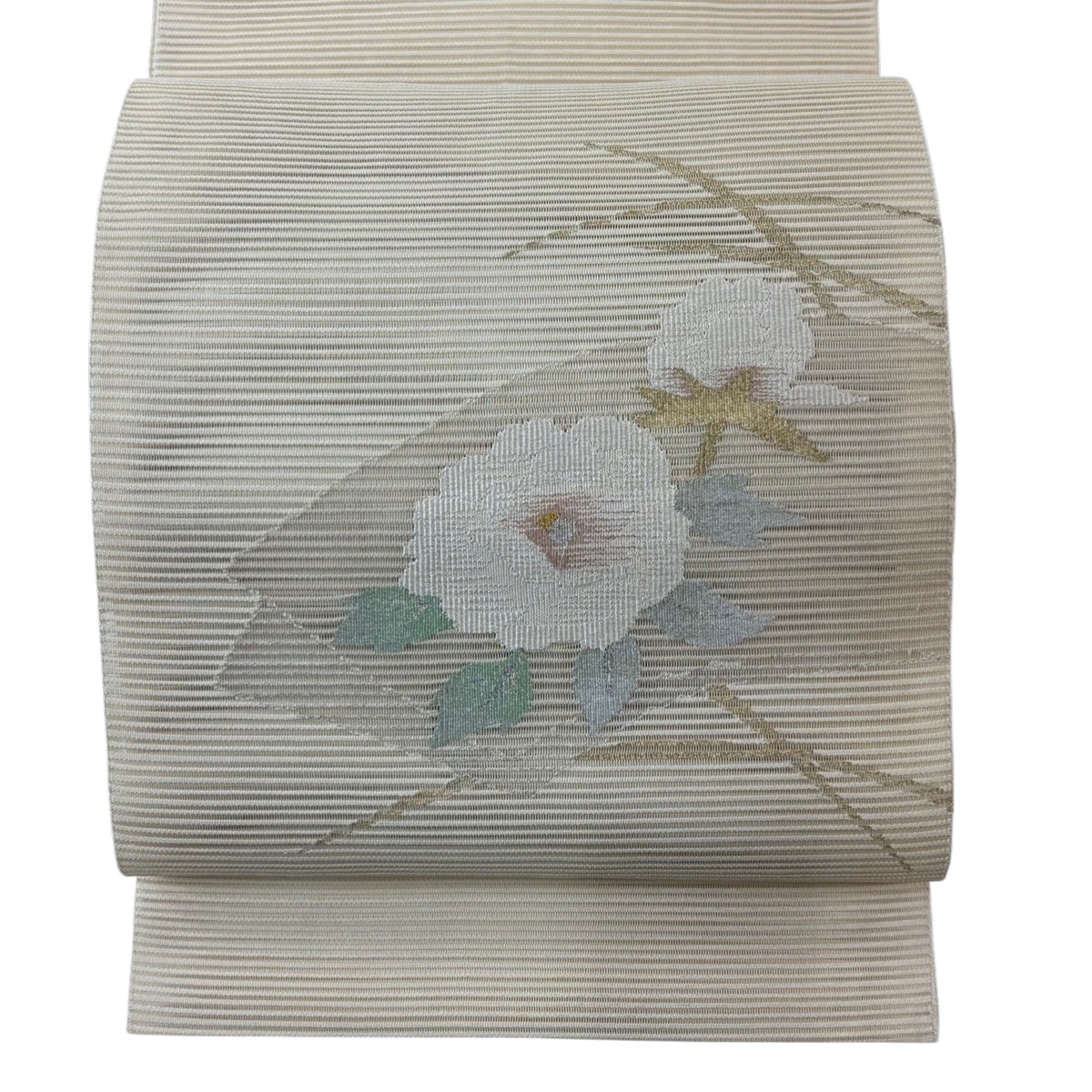 名古屋帯 名品 八寸名古屋帯 夏帯 牡丹 芝 金銀糸 ベージュ 正絹 【中古】