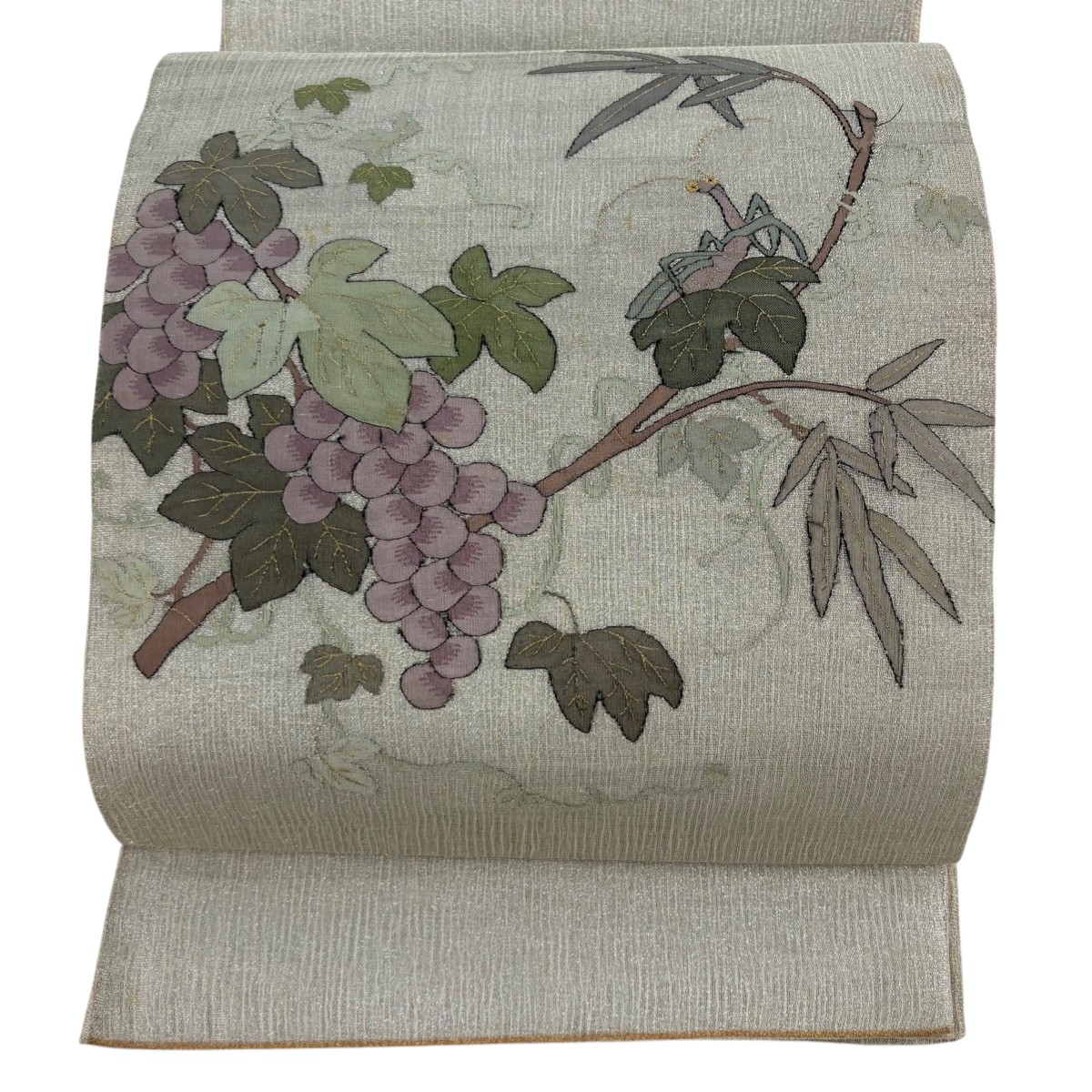 【美品】 袋帯 逸品 夏帯 葡萄 カマキリ 金銀糸 灰緑 お太鼓柄 正絹 【中古】