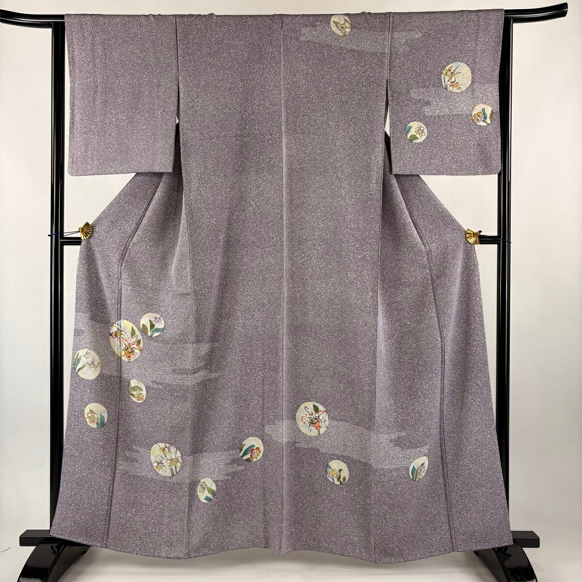 訪問着 身丈160cm 裄丈64.5cm M 袷 丸文 草花 金糸 灰紫 正絹 秀品 【中古】