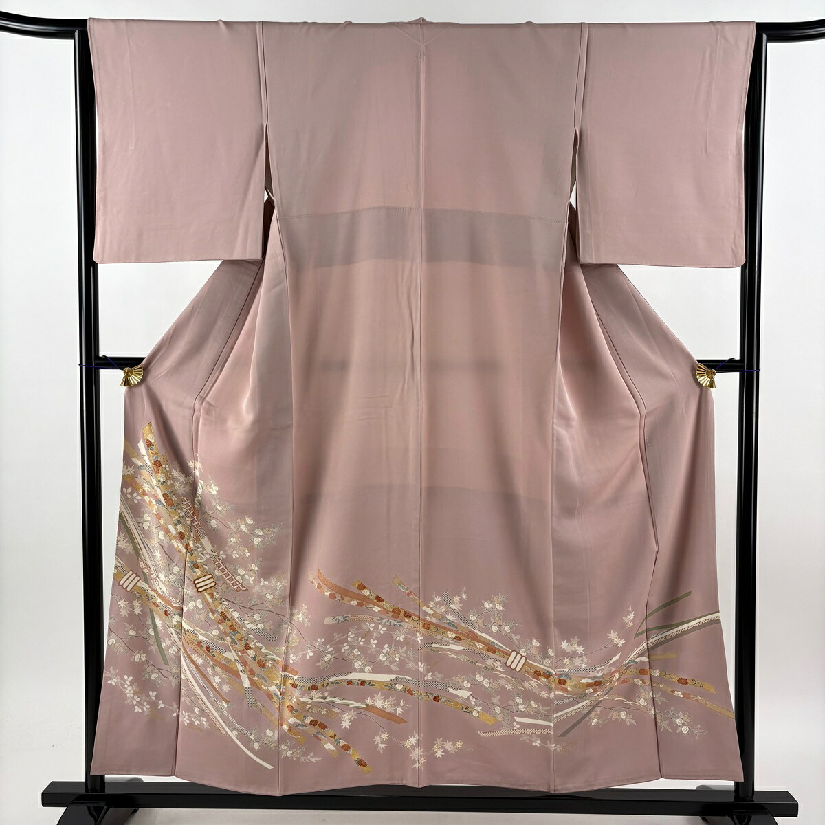 色留袖 身丈155cm 裄丈64.5cm M 袷 束ね熨斗 橘 金糸 金彩 ピンク 正絹 秀品 一つ紋 【中古】