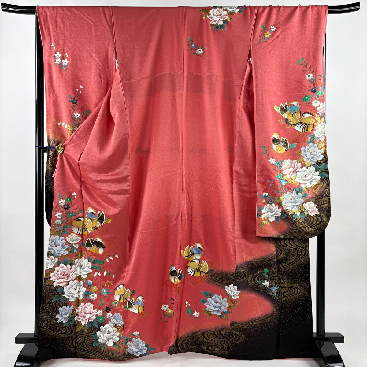 振袖 身丈166cm 裄丈68.5cm L 袷 鴛鴦 牡丹 金銀彩 ぼかし ピンク 正絹 名品 【中古】