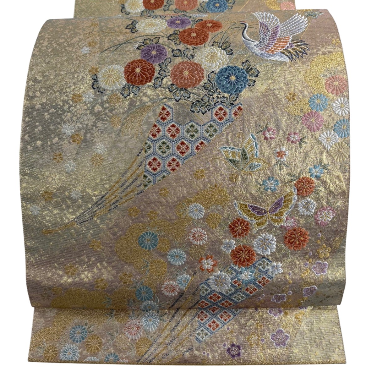 【美品】 袋帯 秀品 関西仕立て 草花 鶴 金糸 箔 金色 六通 正絹 【中古】