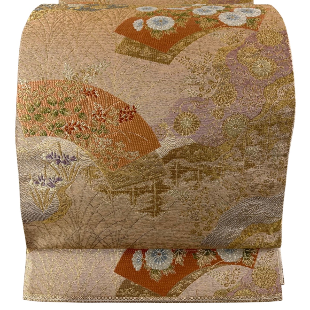 【美品】 袋帯 秀品 服部織物 落款あり 関西仕立て 扇面 草花 箔 金糸 ベージュ 六通 正絹 【中古】