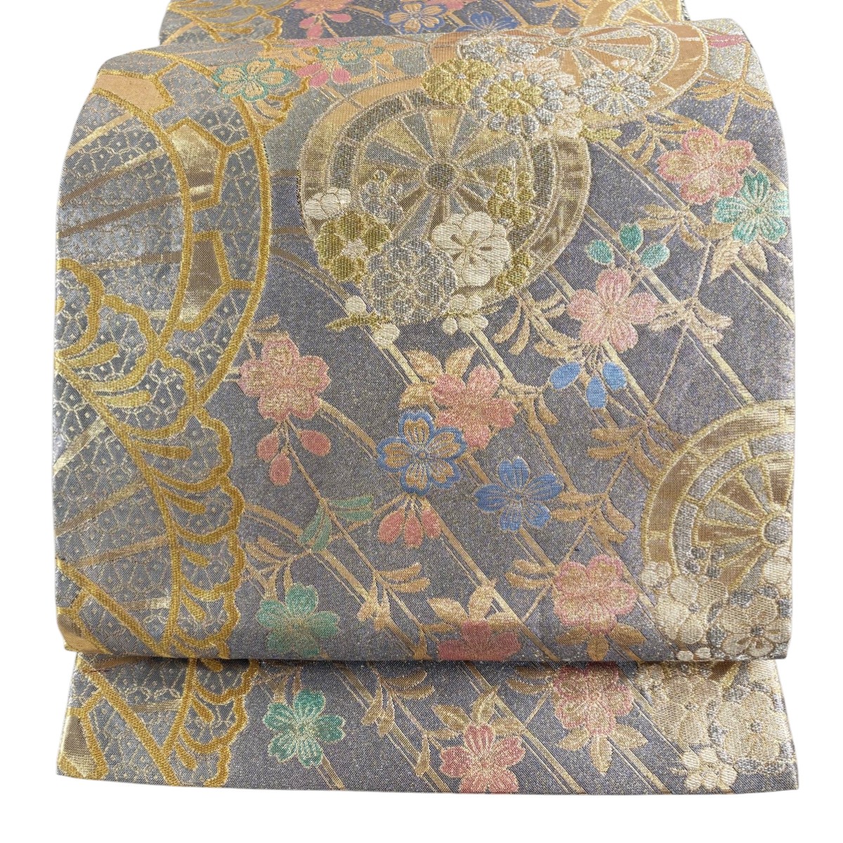 【美品】 袋帯 秀品 源氏車 桜 金銀糸 箔 灰色 六通 正絹 【中古】