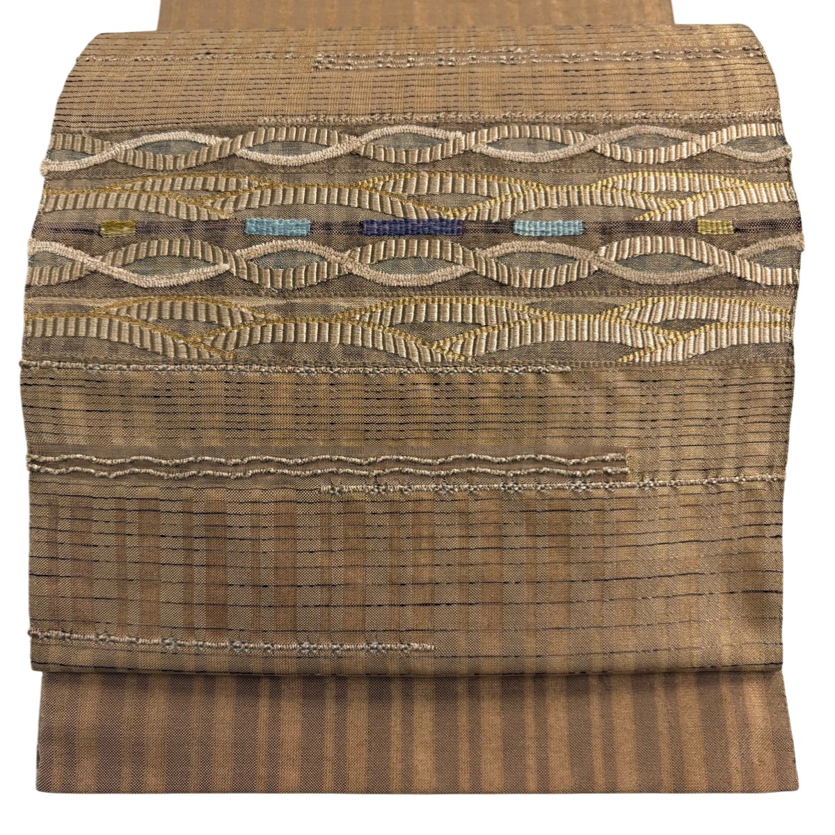 【美品】 袋帯 秀品 幾何学 金糸 薄茶色 お太鼓柄 正絹 【中古】