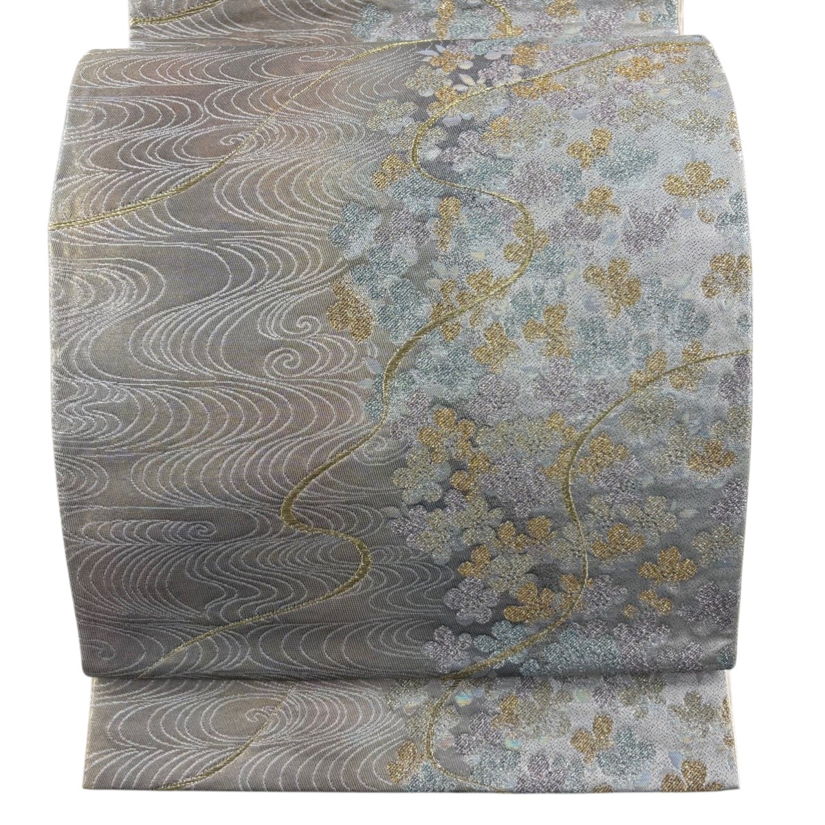 【美品】 袋帯 秀品 舞 梅 流水 箔 金糸 灰茶 六通 正絹 【中古】
