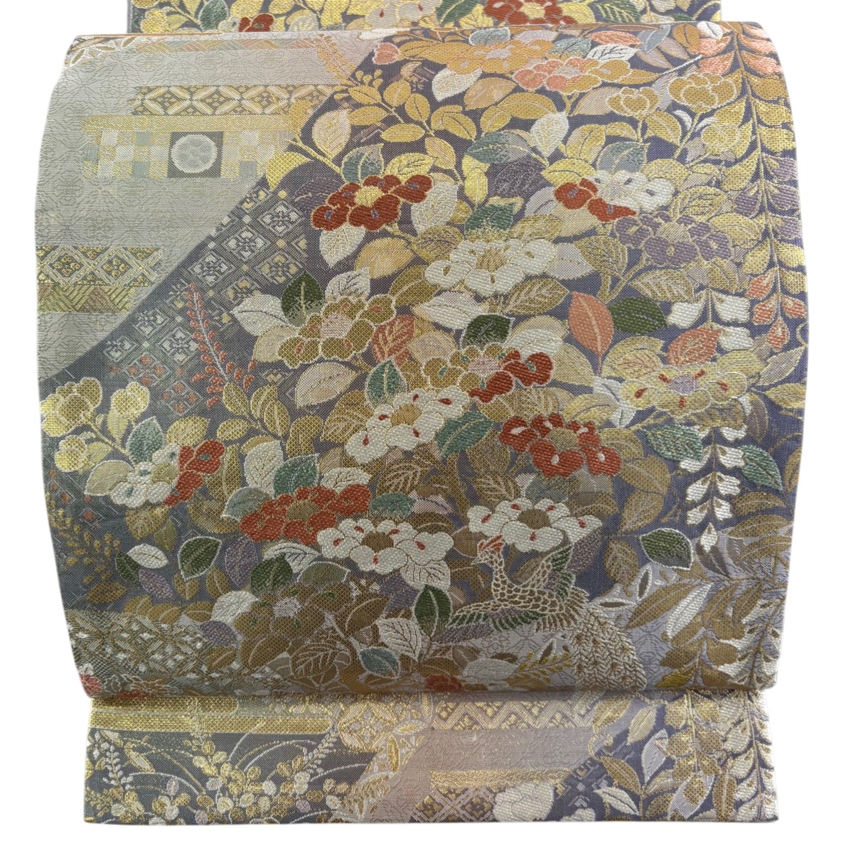 【美品】 袋帯 秀品 椿 七宝 箔 灰紫 六通 正絹 【中古】