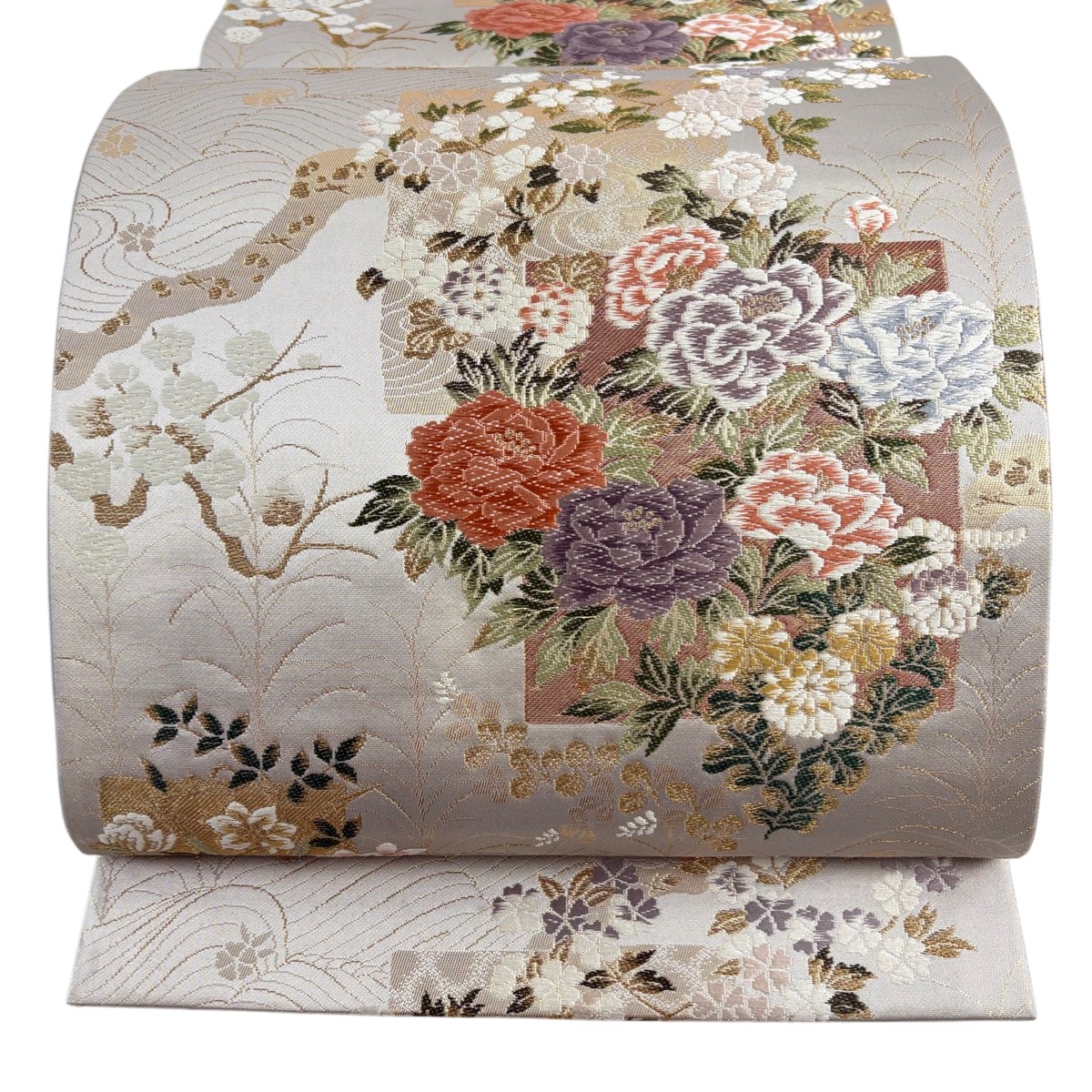 【美品】 袋帯 秀品 色紙 草花 金糸 箔 灰茶 六通 正絹 【中古】