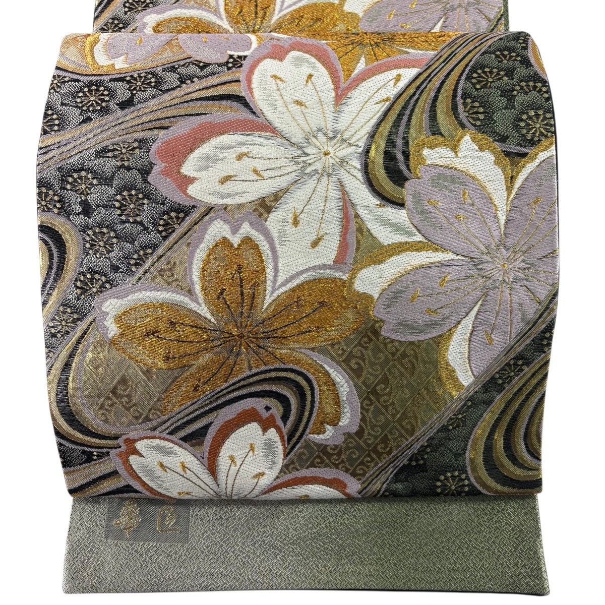【美品】 袋帯 秀品 桜 流水 箔 唐織 墨色 六通 正絹 【中古】