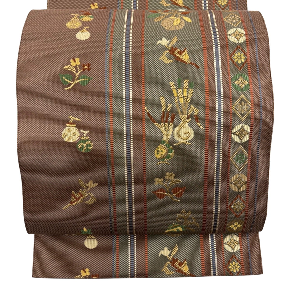 名古屋帯 秀品 松葉仕立て 八寸名古屋帯 紬地 草花 縞 茶色 正絹 【中古】