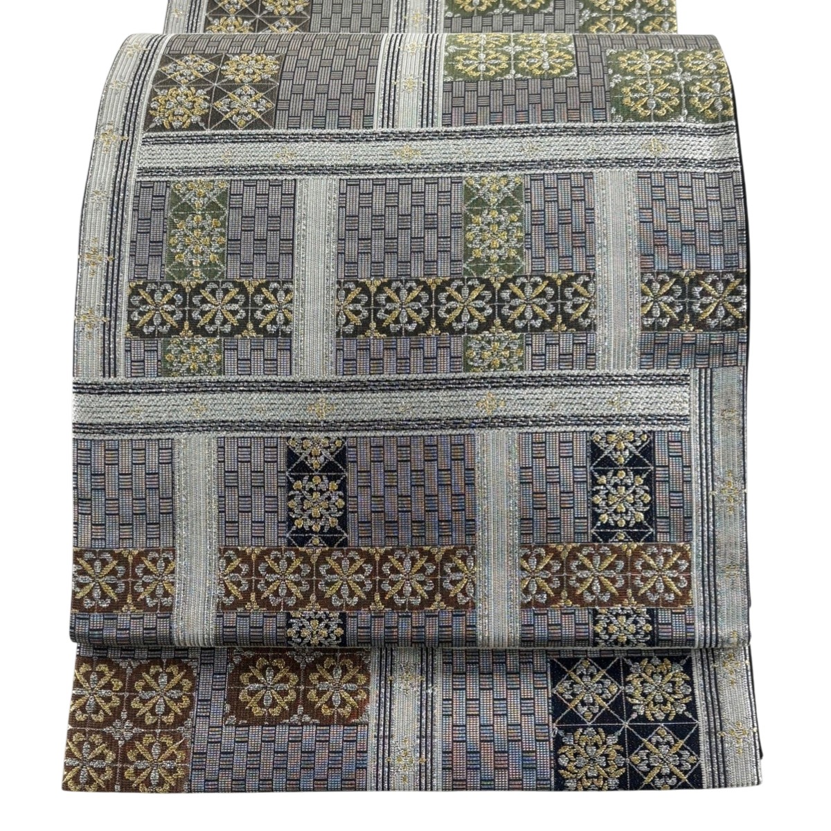 【美品】 袋帯 秀品 幾何学模様 華文 金銀糸 灰色 六通 正絹 【中古】