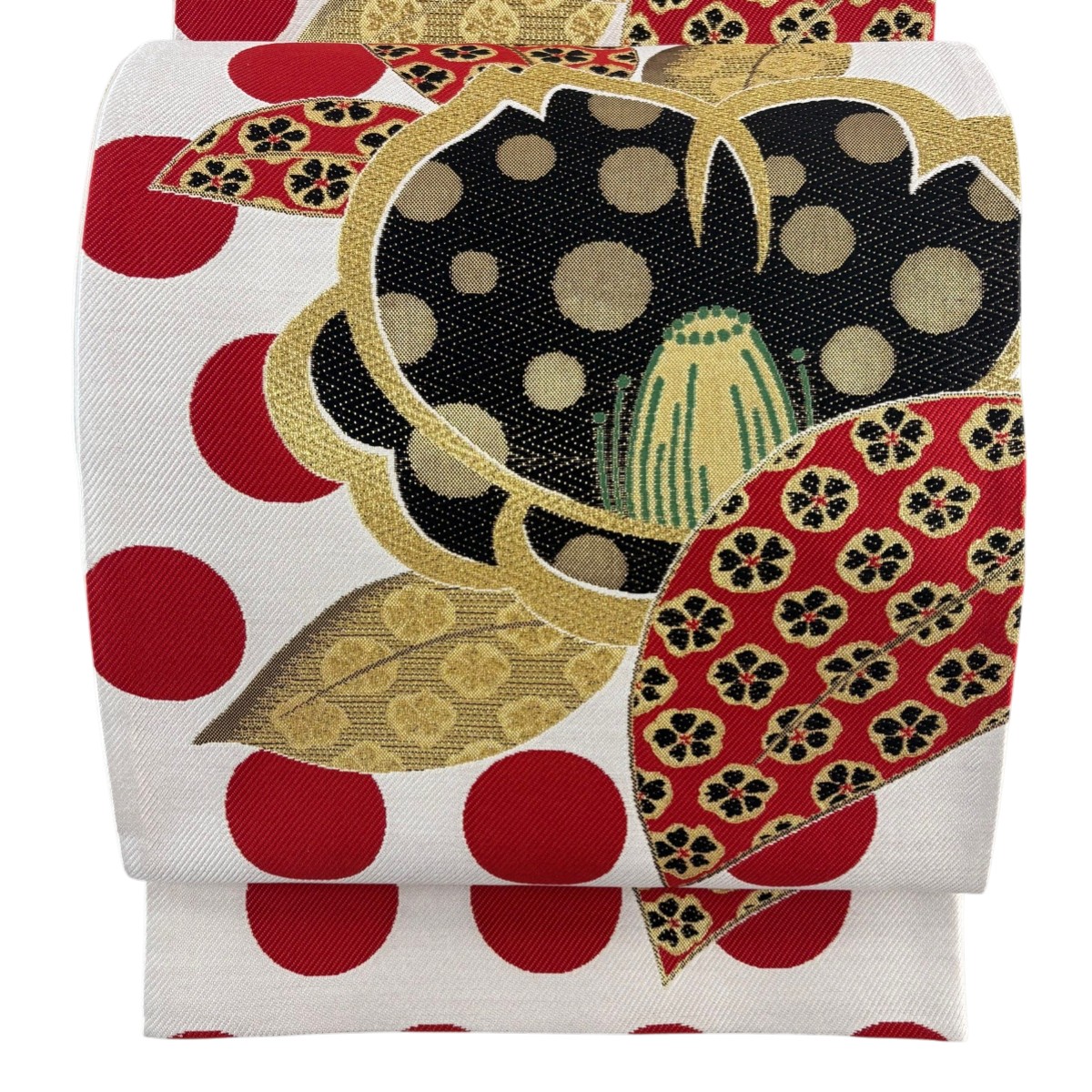【美品】 袋帯 秀品 椿 金糸 白 六通 正絹 【中古】