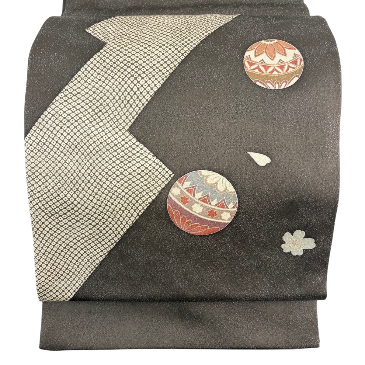 【美品】 袋帯 秀品 手鞠 銀通し 金彩 灰茶 お太鼓柄 正絹 【中古】