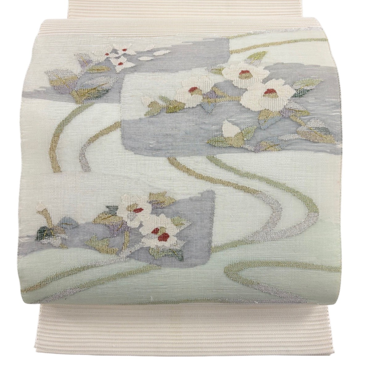 【美品】 袋帯 秀品 夏帯 絽 椿 流水 金銀糸 クリーム お太鼓柄 正絹 【中古】 msp50