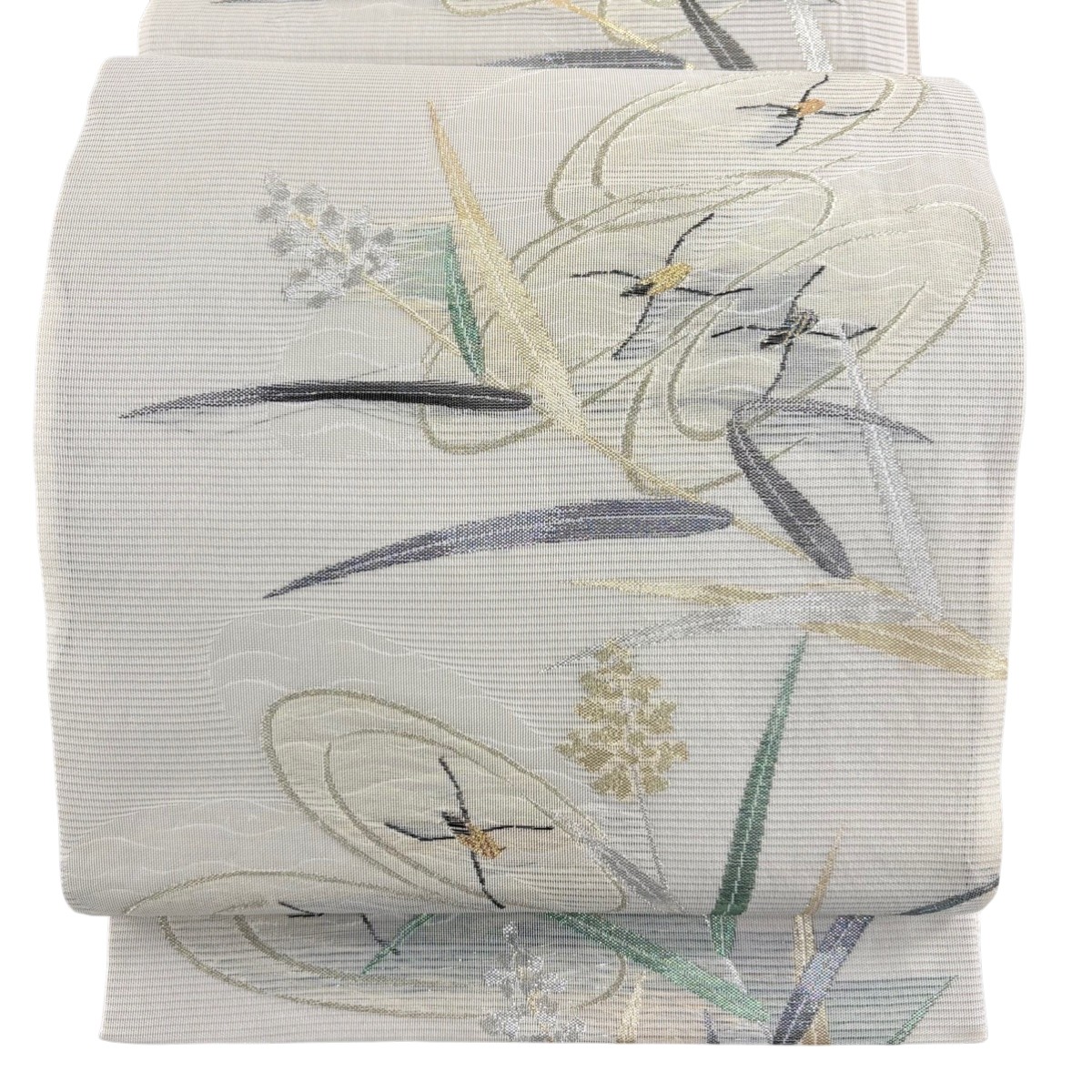 袋帯 名品 夏帯 絽 アメンボ 草花 銀糸 箔 クリーム 六通 正絹 【中古】