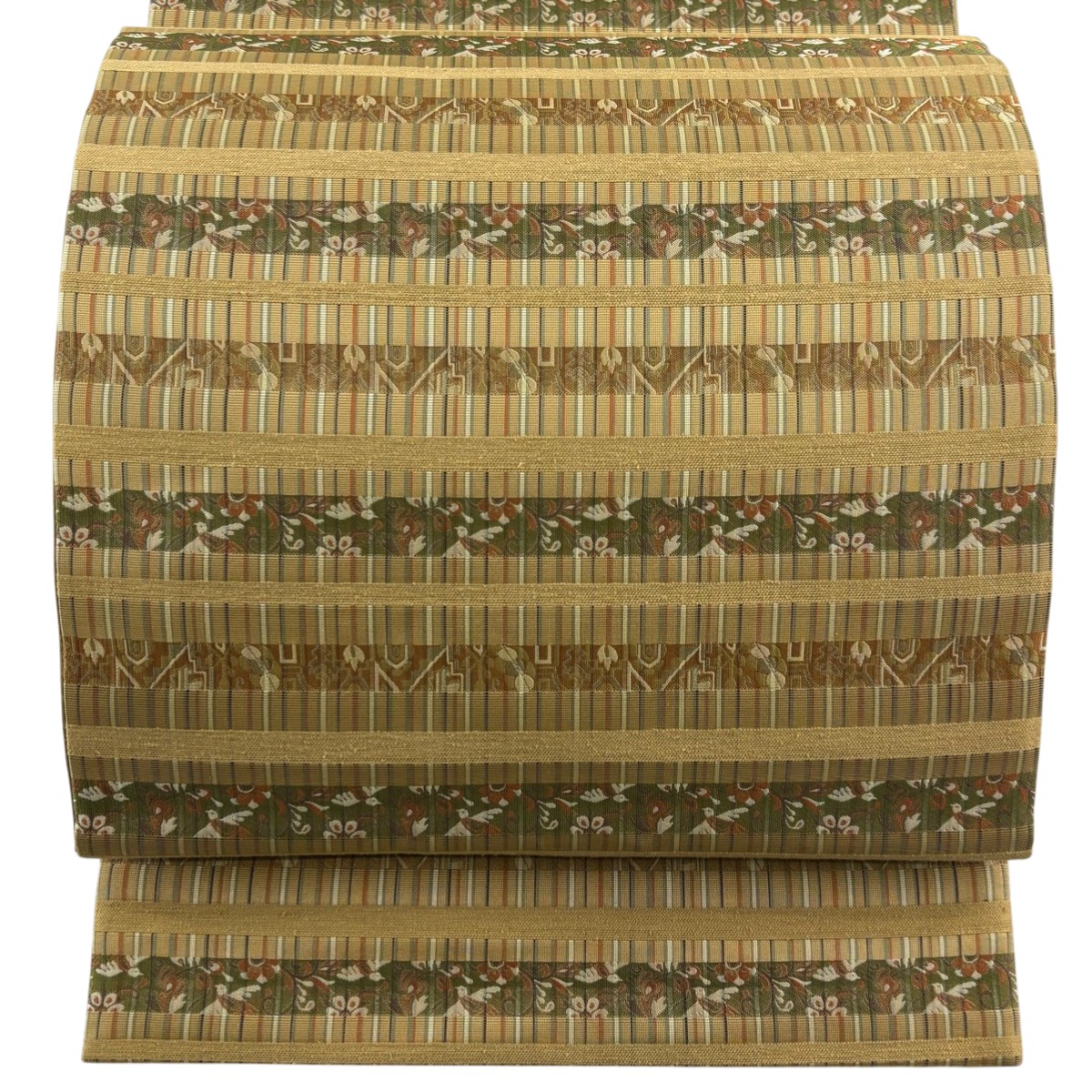 【美品】 袋帯 逸品 菱屋善兵衛 落款あり 段縞 花鳥 茶色 六通 正絹 【中古】 msp30