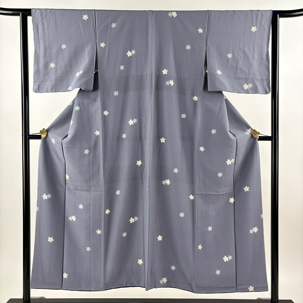 小紋 身丈151cm 裄丈61.5cm S 袷 桜 花 縮緬 青灰色 正絹 秀品 【中古】