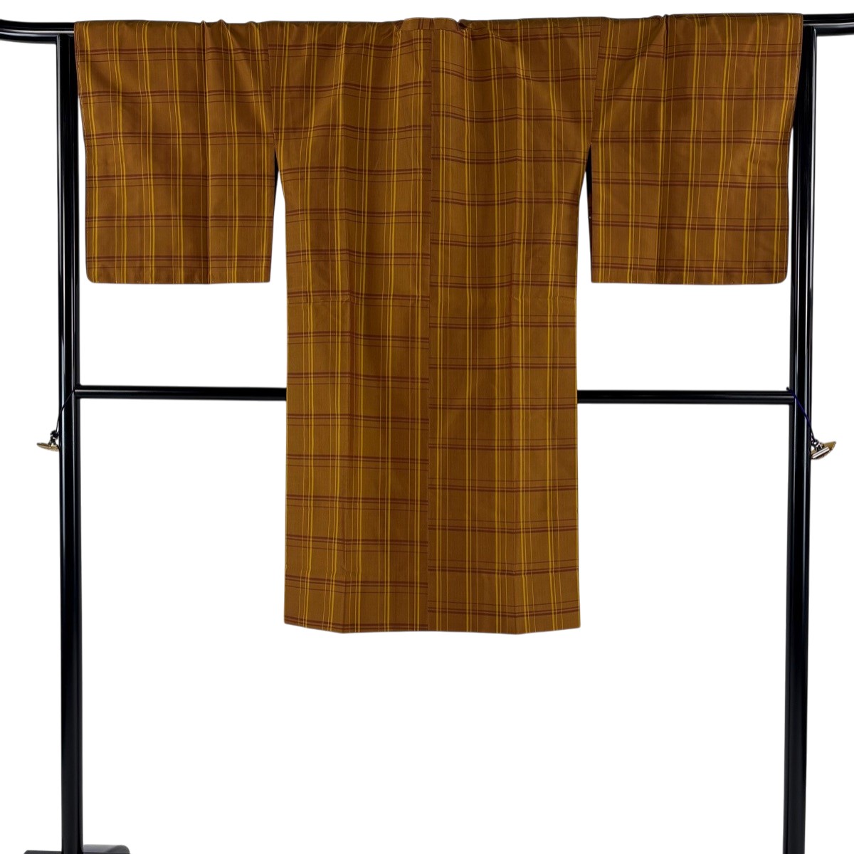 道行 身丈108.5cm 裄丈67cm M 和装コート 角衿 やまと 格子 山吹茶色 正絹 秀品 【中古】