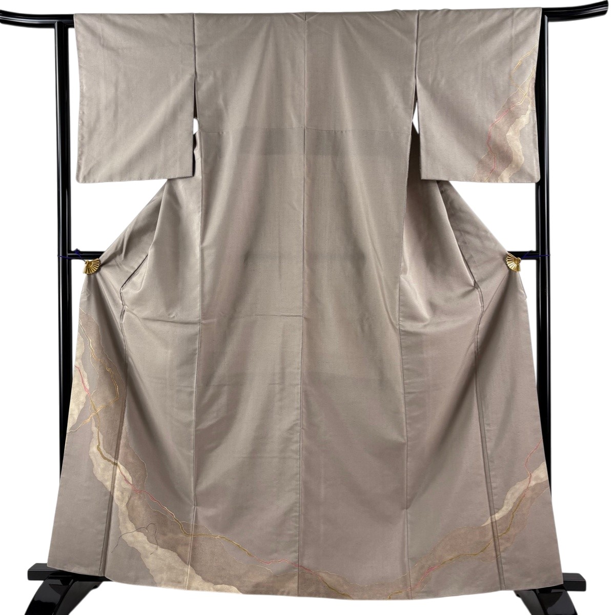 【美品】 訪問着 身丈163.5cm 裄丈63cm S 袷 紬地 幾何学模様 金彩 灰茶 正絹 秀品 【中古】 msp50