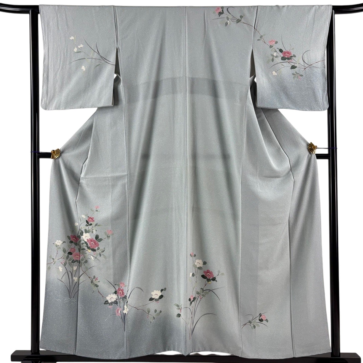 訪問着 身丈157.5cm 裄丈64cm M 袷 枝花 葉と実 ぼかし 水色 正絹 秀品 【中古】