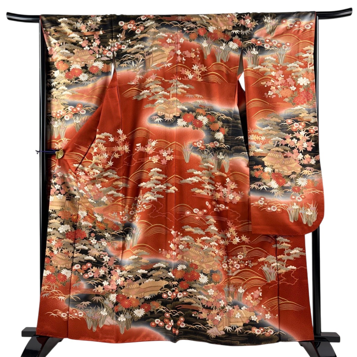 振袖 身丈162cm 裄丈66cm M 袷 家屋 草花 金糸 金彩 赤茶 正絹 秀品 【中古】