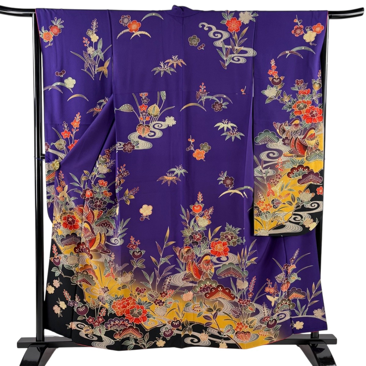 振袖 身丈157.5cm 裄丈64.5cm M 袷 鴛鴦 松竹梅 染め分け ぼかし 紫 正絹 名品 【中古】