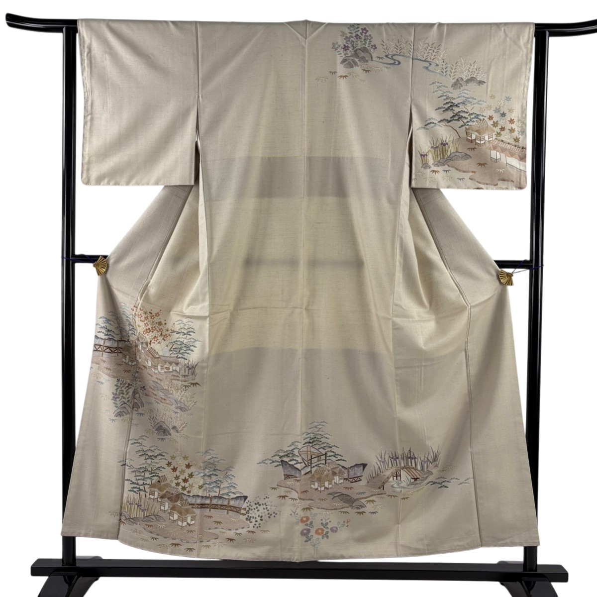 訪問着 身丈155.5cm 裄丈62.5cm S 袷 紬地 家屋 松竹梅 金彩 ベージュ 正絹 名品 【中古】