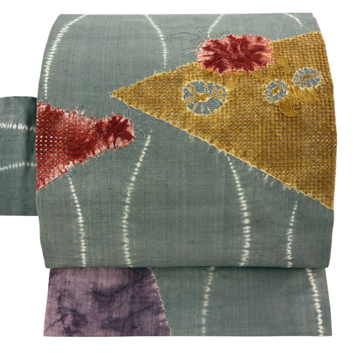 【美品】 名古屋帯 名品 紬地 草花 刺繍 絞り 灰色 正絹 【中古】