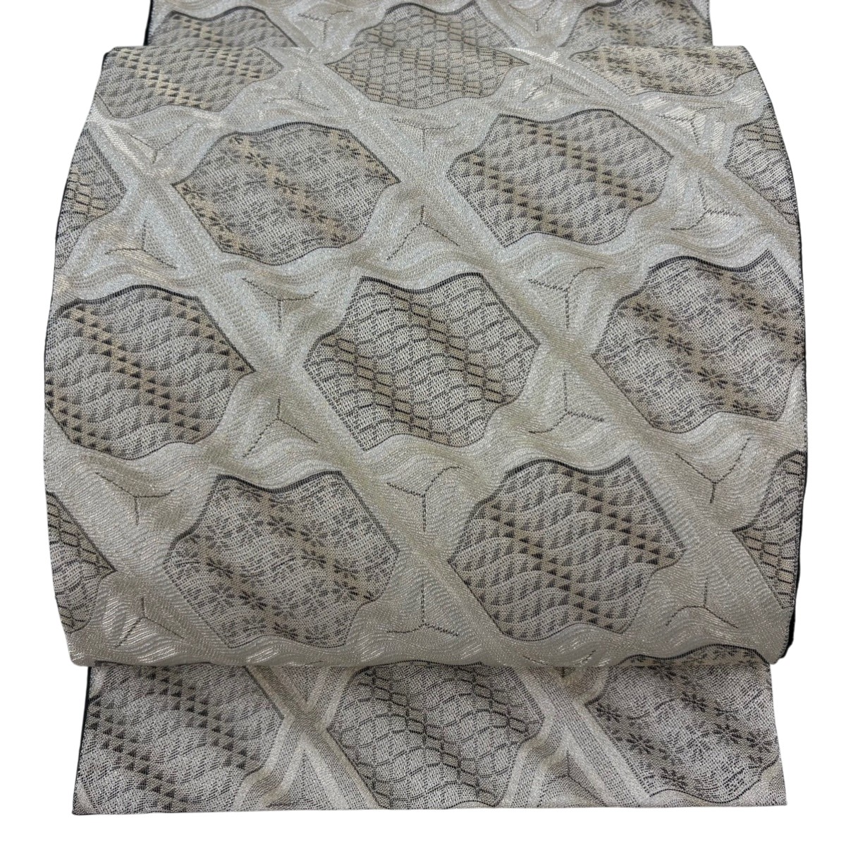 【美品】 袋帯 名品 ほていや 幾何学模様 花 金銀糸 金色 六通 正絹 【中古】 msp50