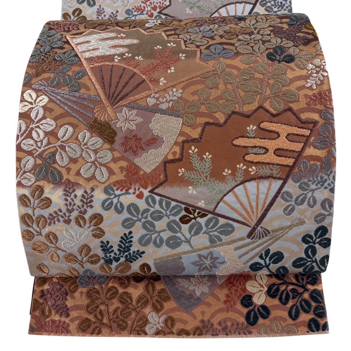 袋帯 名品 関西仕立て 扇 萩 刺繍 箔 赤茶 六通 正絹 【中古】