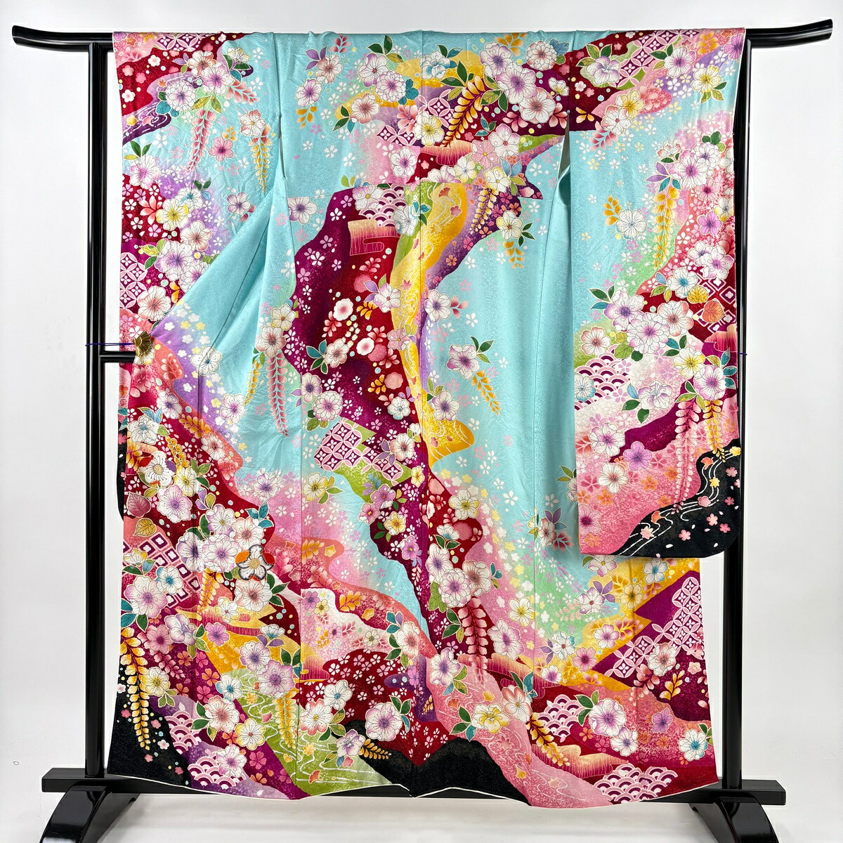 振袖 身丈160cm 裄丈63cm S 袷 辻が花柄 霞 銀通し 刺繍 水色 正絹 逸品 【中古】