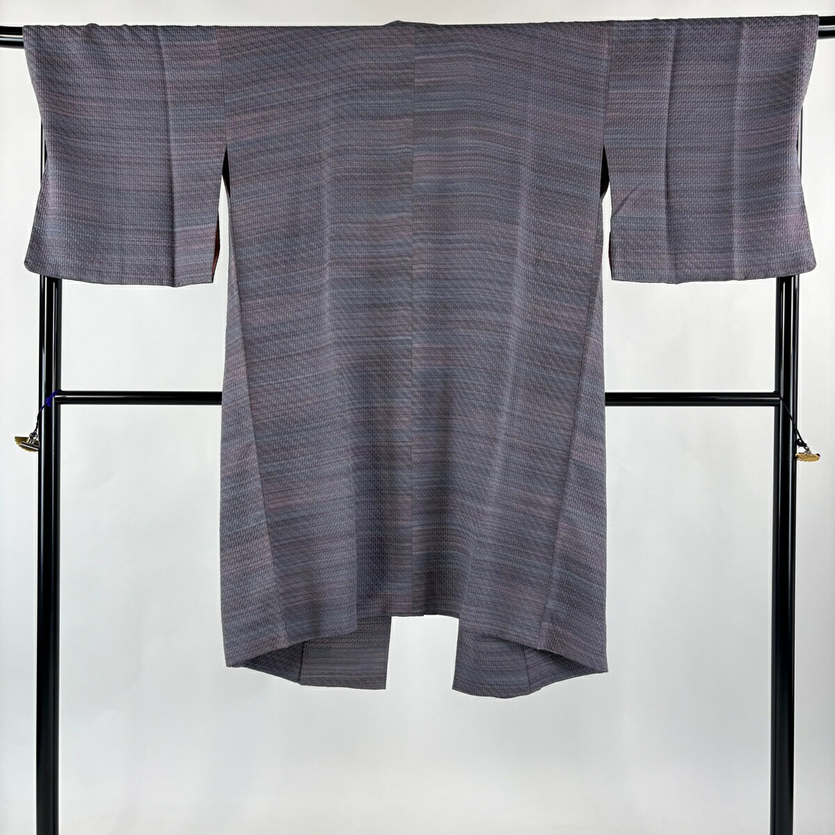 【美品】 道中着 身丈108cm 裄丈70cm L 和装コート やまと 縞 幾何学模様 灰紫 正絹 逸品 【中古】