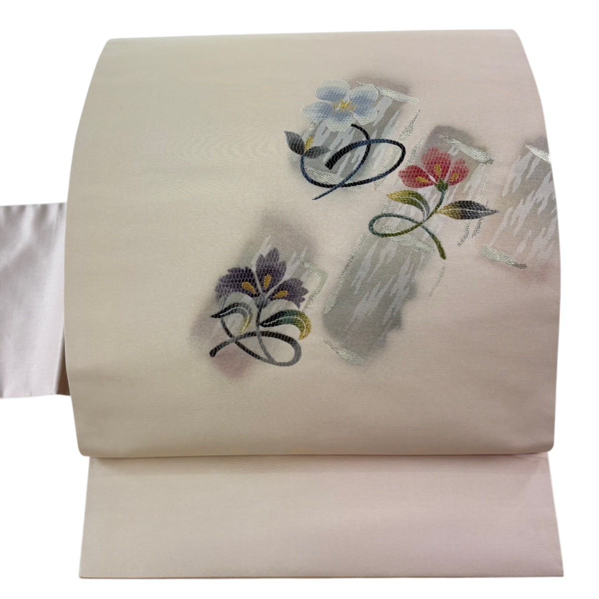 【美品】 名古屋帯 秀品 関西仕立て 草花 金銀糸 薄ピンク 正絹 【中古】